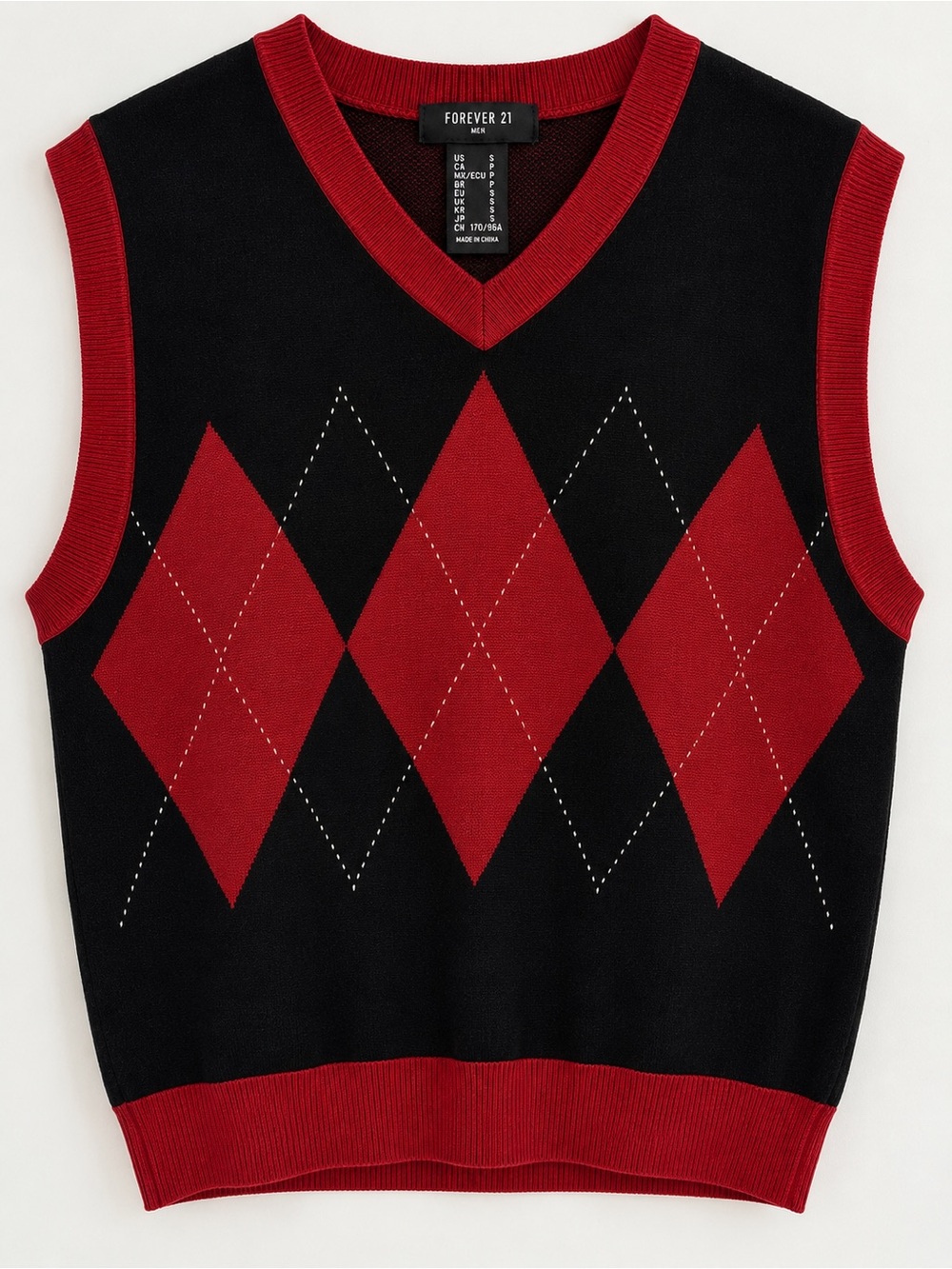 Forever 21 Men’s Argyle Sweater Vest Black Dark Red Size Small 100% Cotton